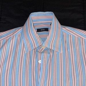Pink blue and white striped Hugo Boss Dress Shirt; Size 15 1/2, 32/33
